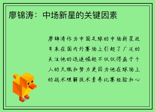 廖锦涛：中场新星的关键因素